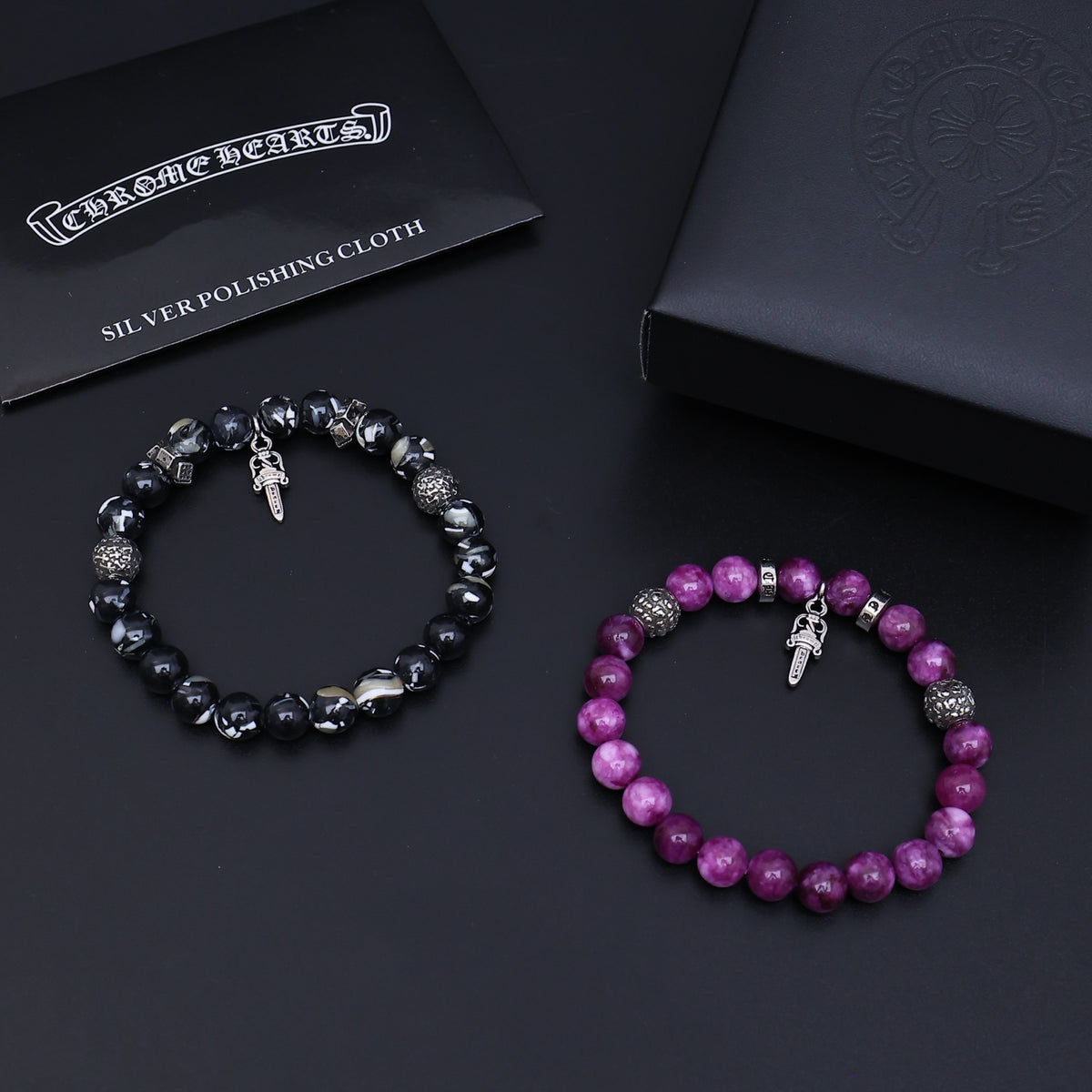 Gothic Emblem Beaded Bracelet in Antique Silver-Tone – Design 04 styled product view