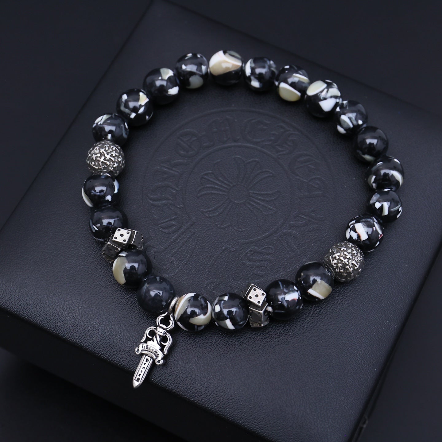 Gothic Emblem Beaded Bracelet in Antique Silver-Tone – Design 04 front product view