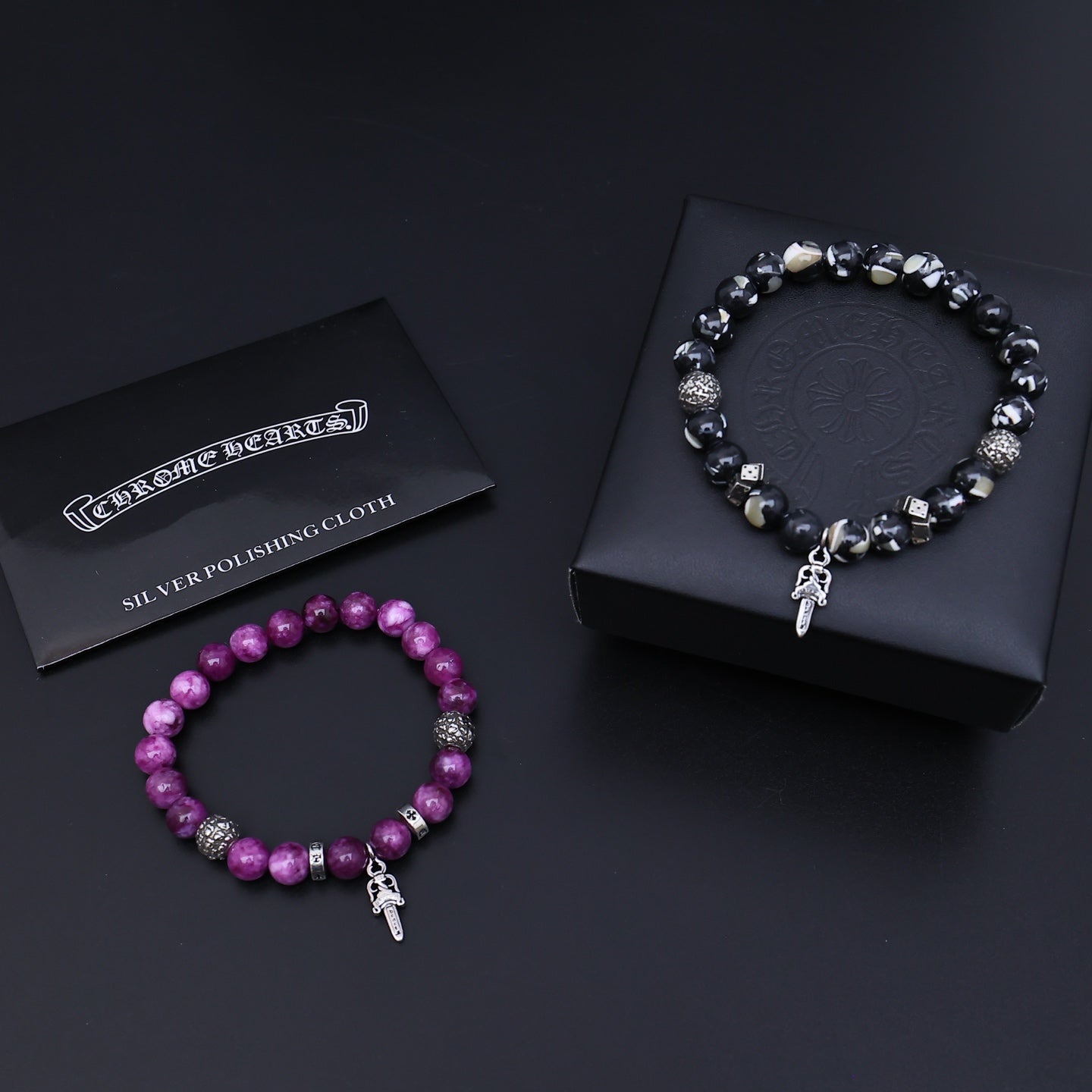 Gothic Emblem Beaded Bracelet in Antique Silver-Tone – Design 04 main product view