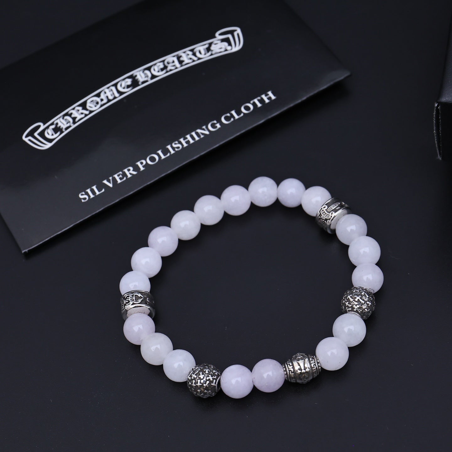 Gothic Emblem Beaded Bracelet in Antique Silver-Tone – Design 05 detail view