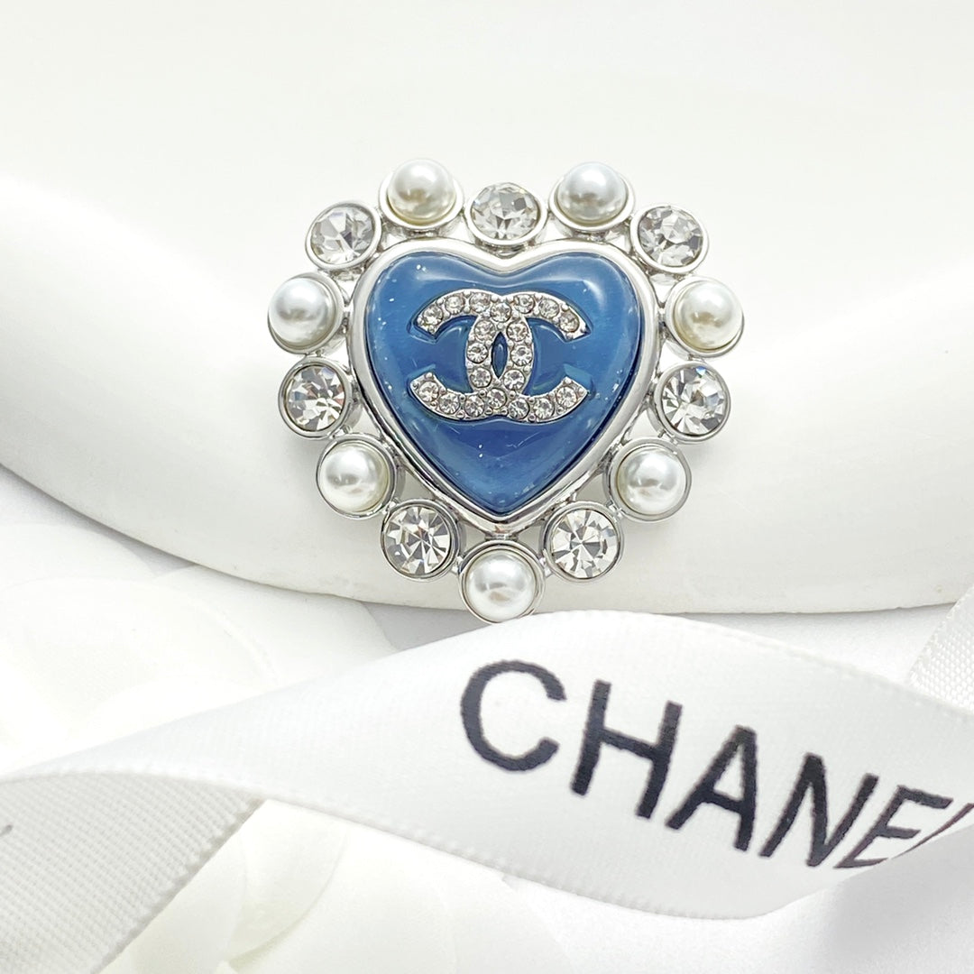 Double-C Emblem Brooch in Polished Metal-Tone – Pearl Detail – Design 009 front product view