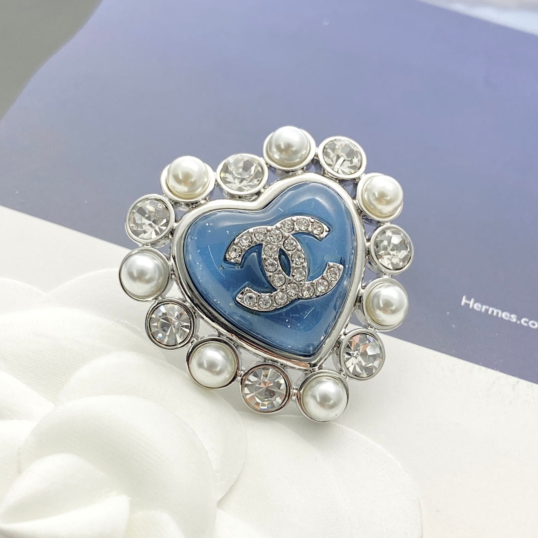 Double-C Emblem Brooch in Polished Metal-Tone – Pearl Detail – Design 009 front product view