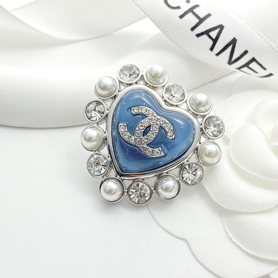Double-C Emblem Brooch in Polished Metal-Tone – Pearl Detail – Design 009 styled product view