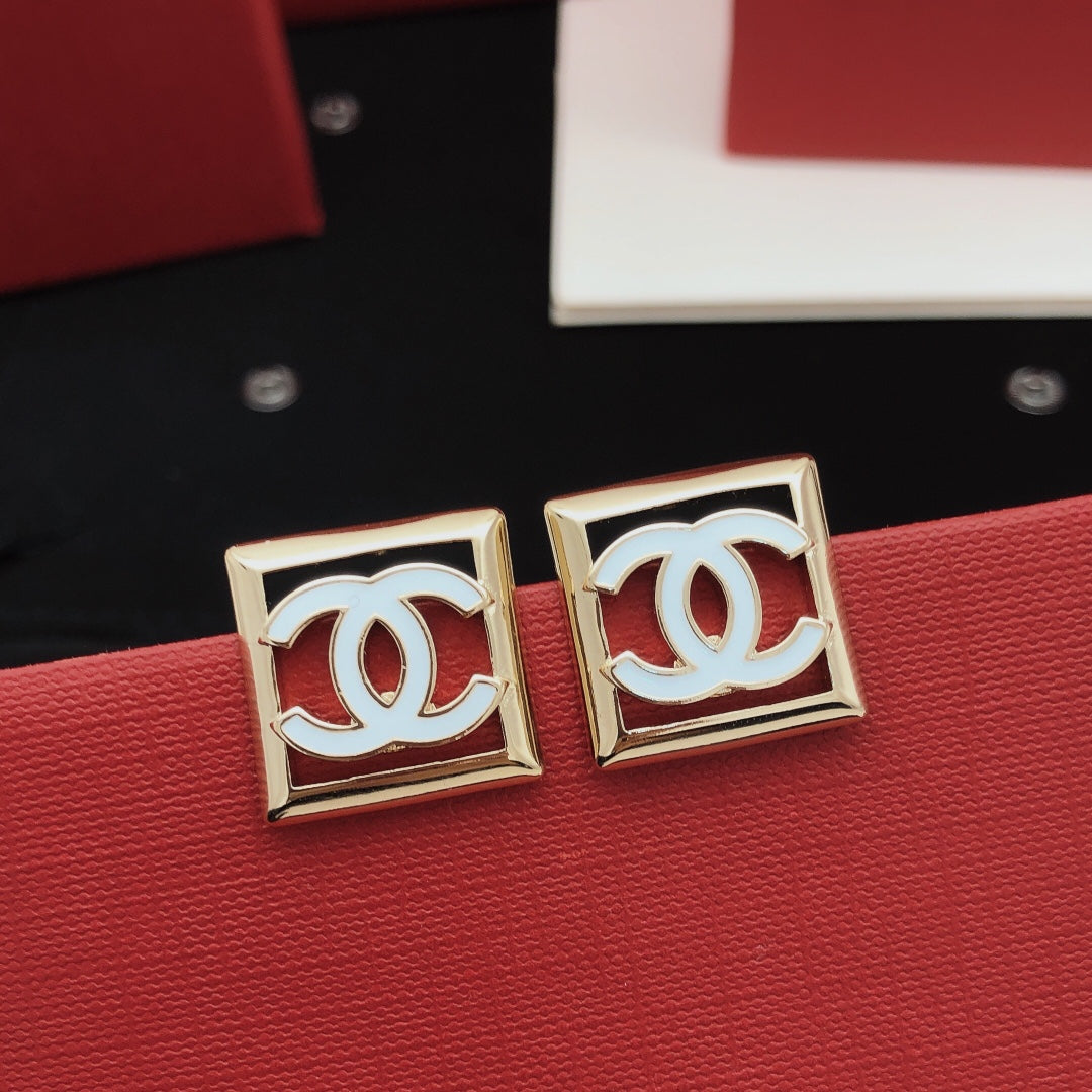 Square Stud Earrings in Gold-Tone – White Detail side detail