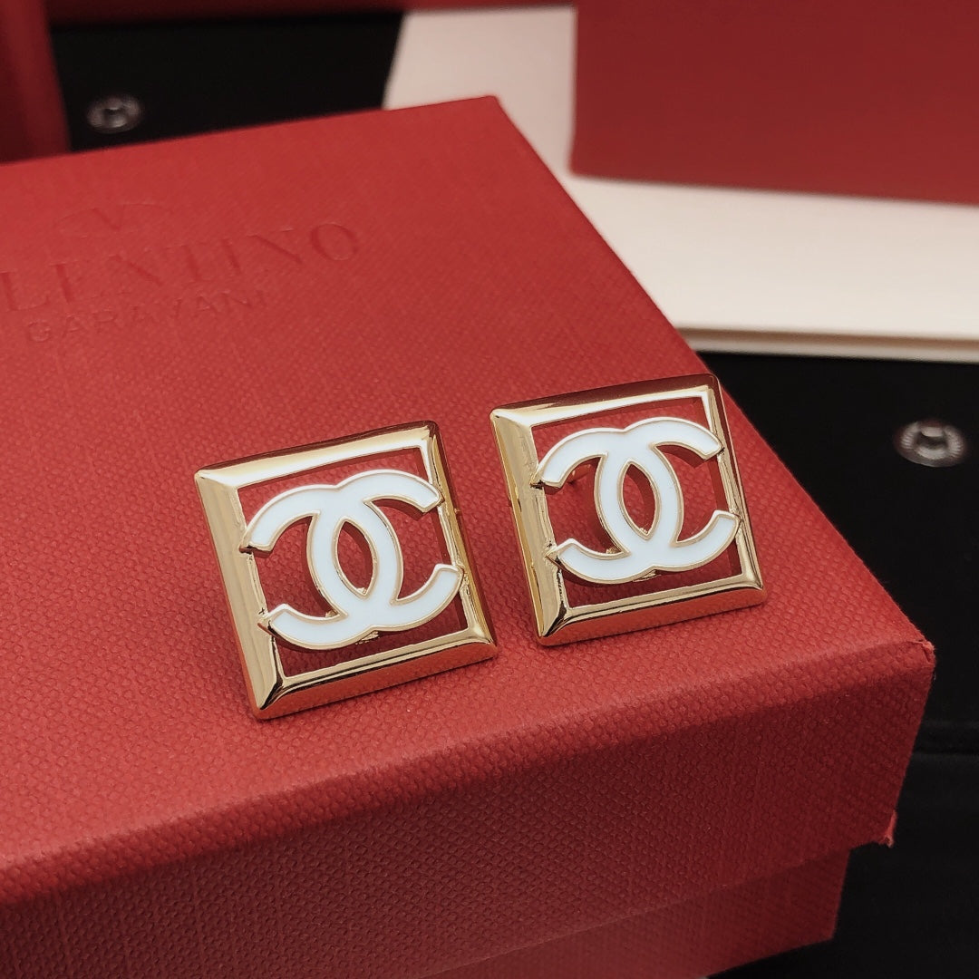 Square Stud Earrings in Gold-Tone – White Detail front product view