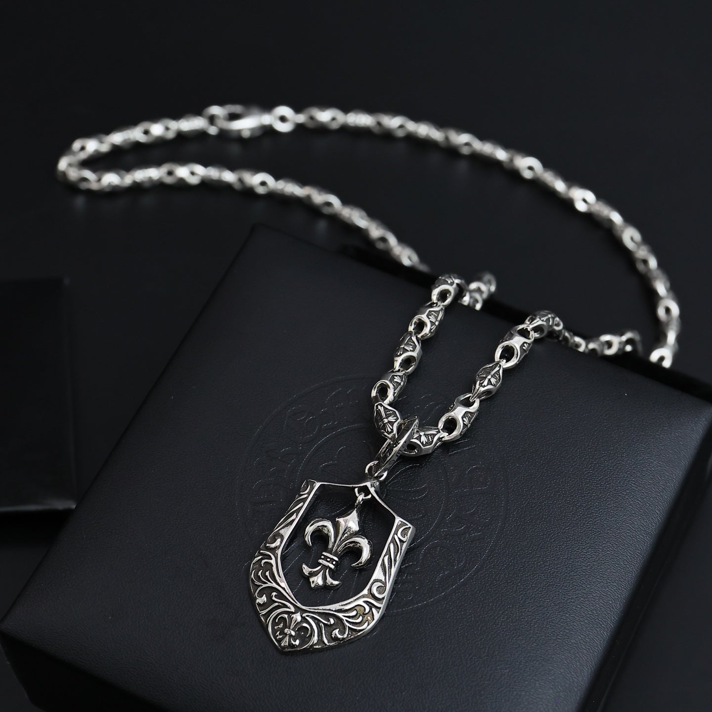 Gothic Emblem Pendant Necklace in Antique Silver-Tone – Design 22 front product view