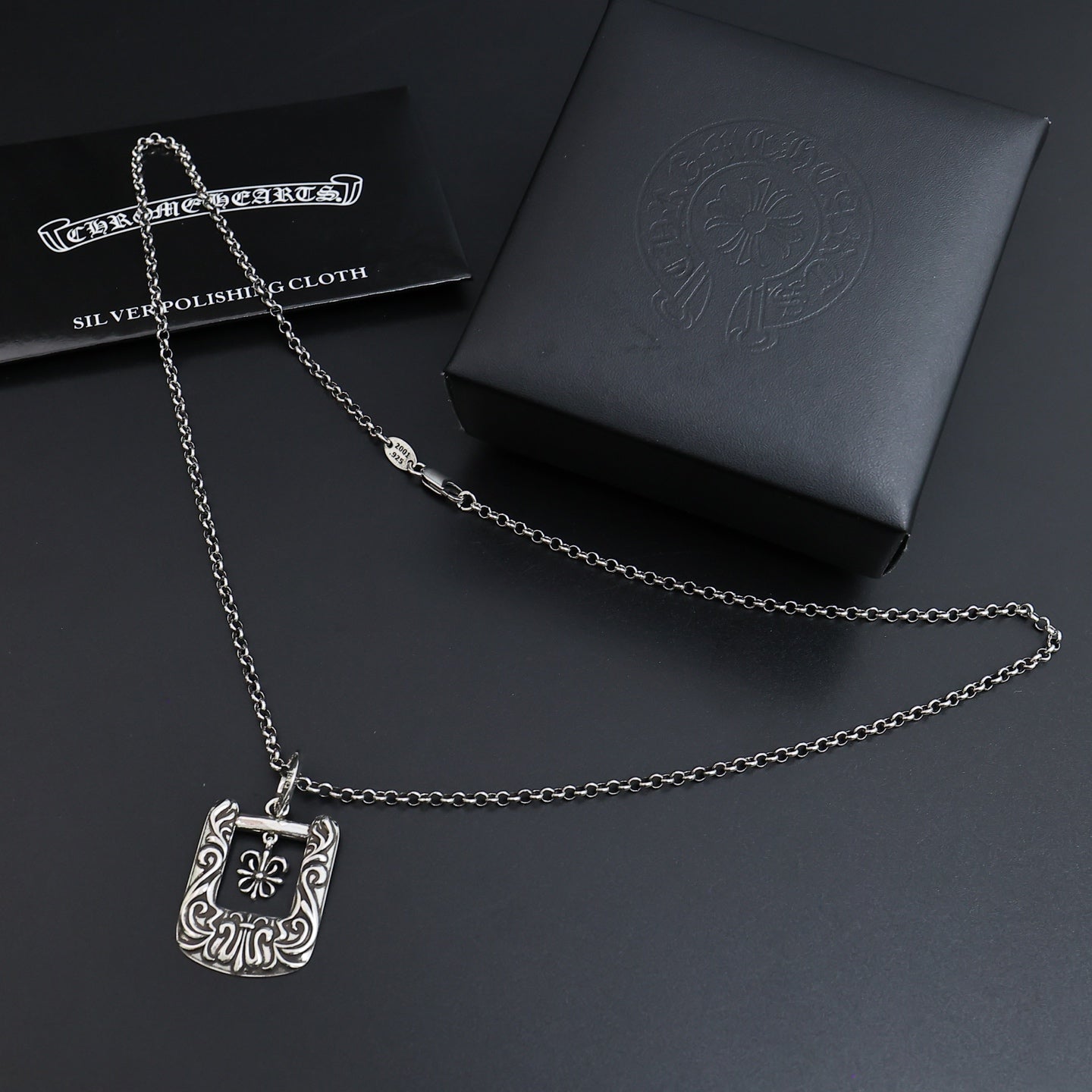 Gothic Emblem Pendant Necklace in Antique Silver-Tone – Design 21 side detail