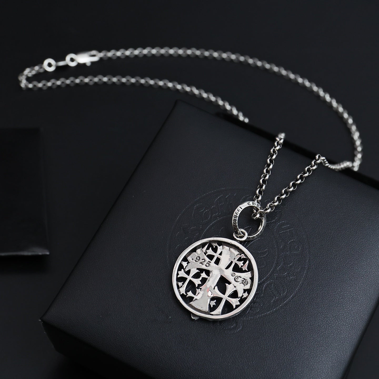 Gothic Emblem Pendant Necklace in Antique Silver-Tone – Design 20 detail view