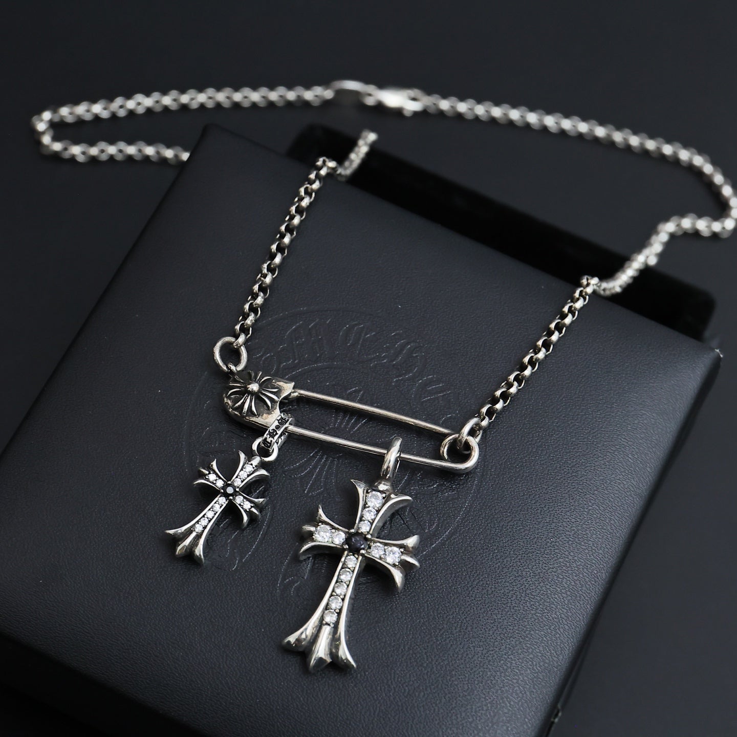 Gothic Emblem Pendant Necklace in Antique Silver-Tone – Design 19 front product view