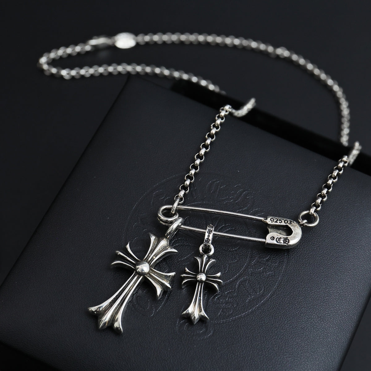 Gothic Emblem Pendant Necklace in Antique Silver-Tone – Design 04 detail view
