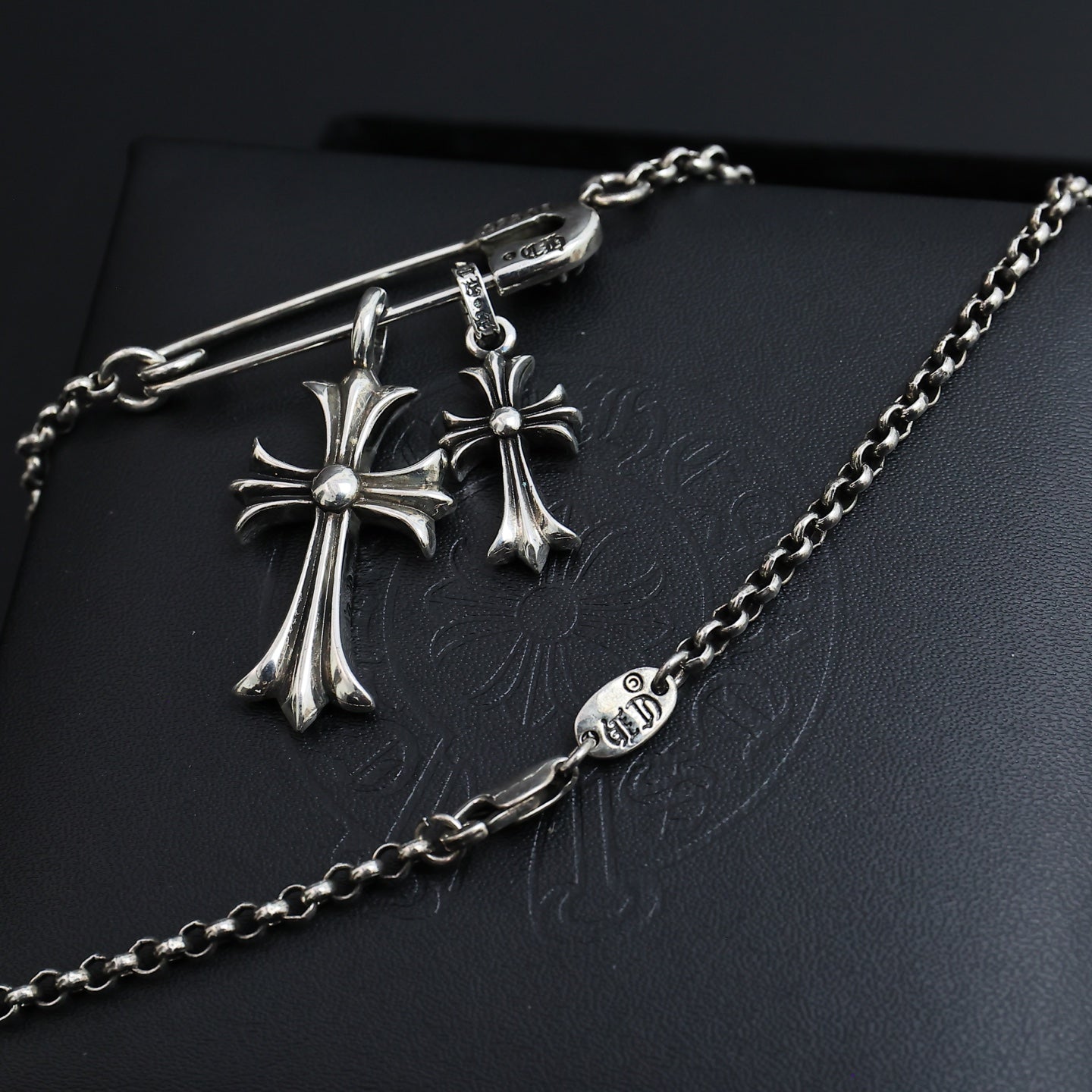 Gothic Emblem Pendant Necklace in Antique Silver-Tone – Design 19 close-up detail