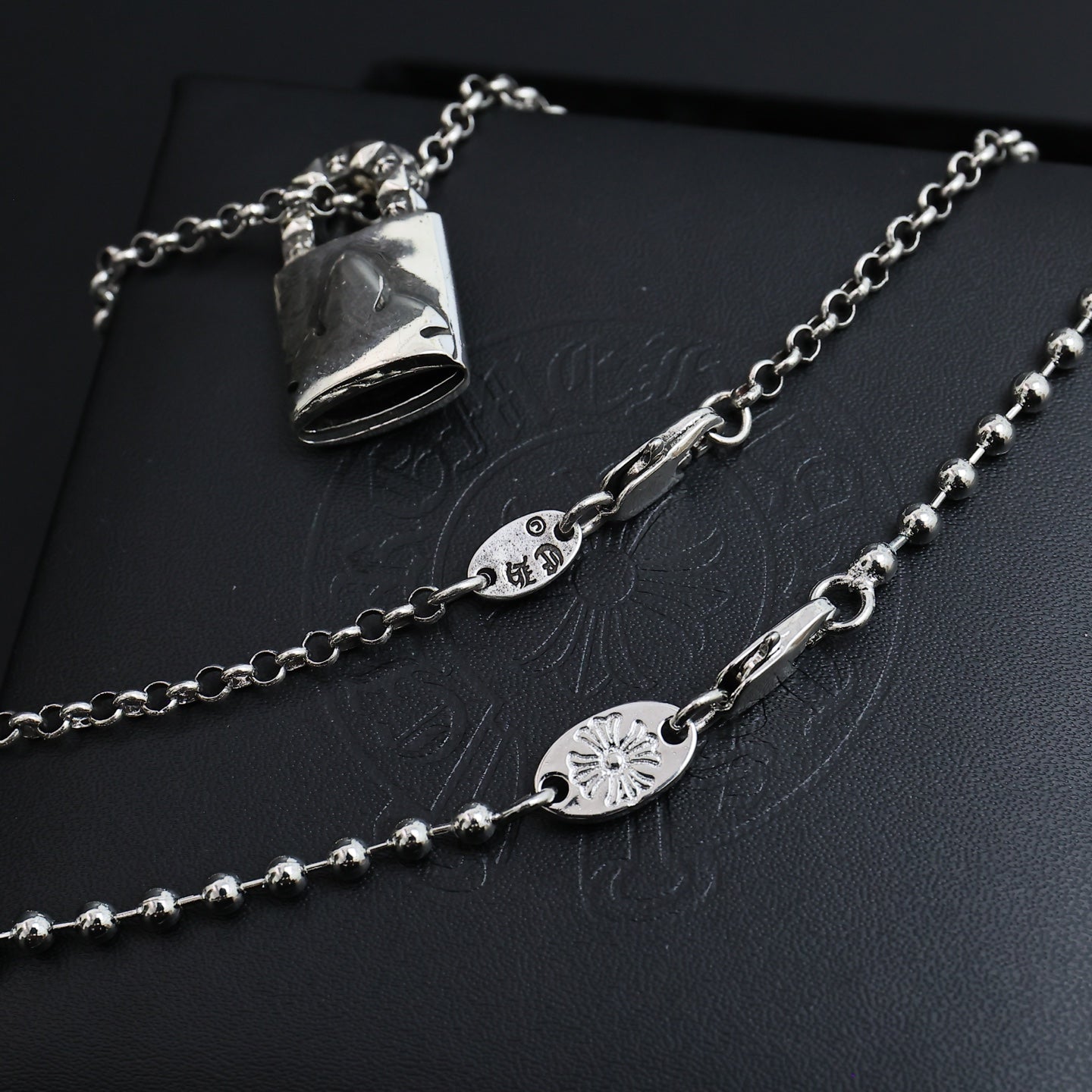 Gothic Emblem Pendant Necklace in Antique Silver-Tone – Design 18 styled product view