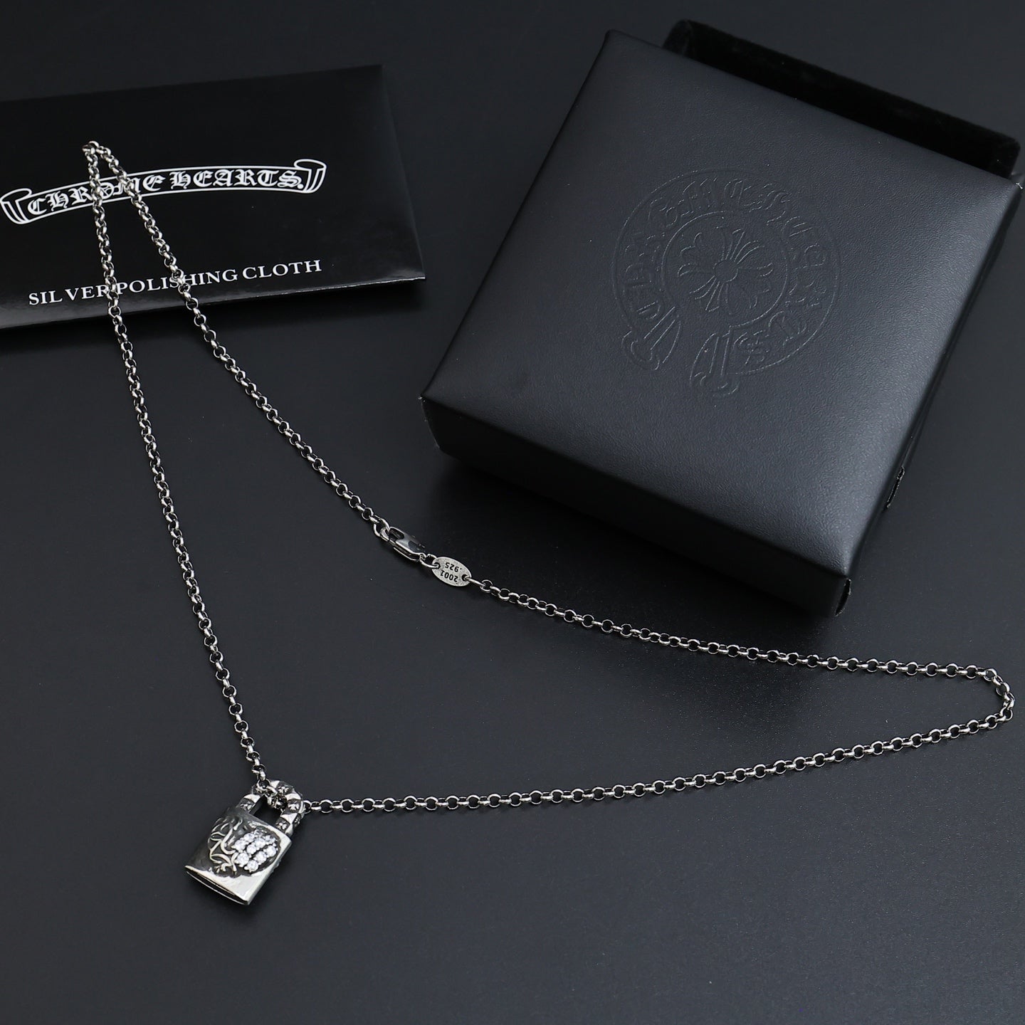 Gothic Emblem Pendant Necklace in Antique Silver-Tone – Design 01 side detail