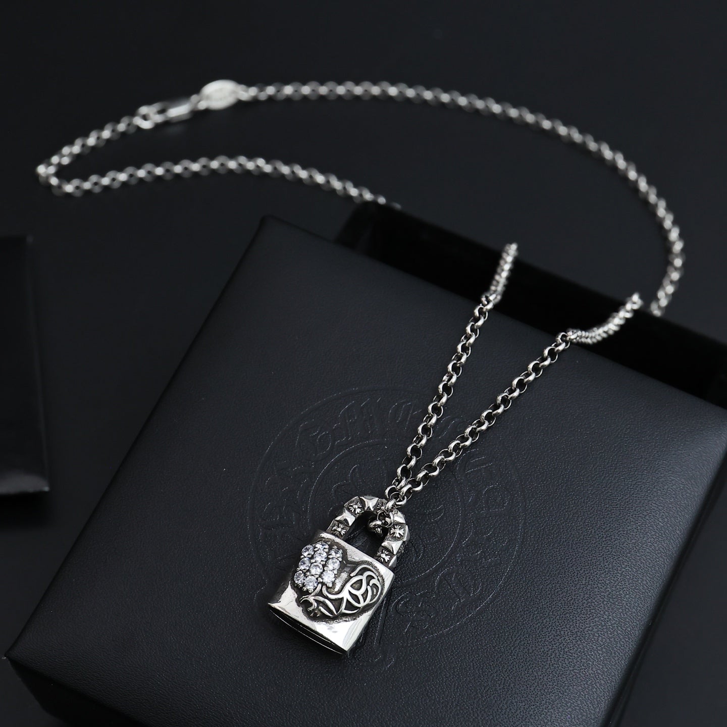 Gothic Emblem Pendant Necklace in Antique Silver-Tone – Design 01 detail view
