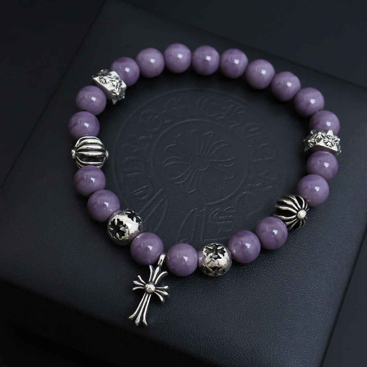 Gothic Emblem Beaded Bracelet in Metal-Tone – Design 01 front product view