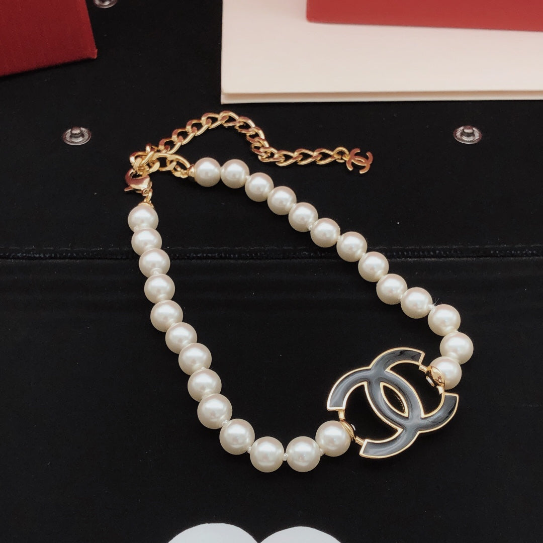 Double-C Emblem Pearl-Detail Pendant Necklace – Pearl Detail – Design 124 front product view