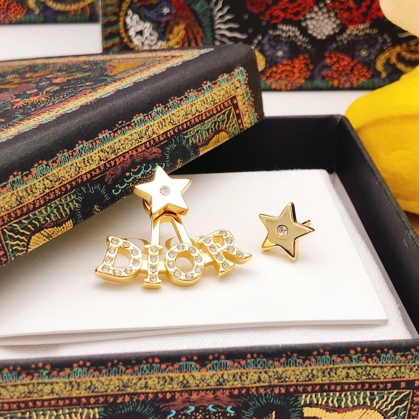 Star Motif Stud Earrings in Polished Metal-Tone with Crystal-Style Accents – Design 001 close-up detail