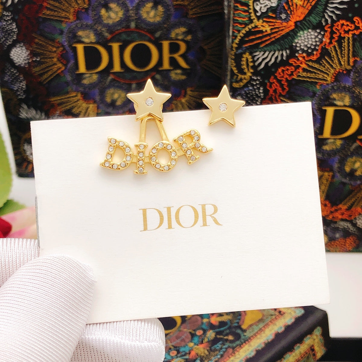 Star Motif Stud Earrings in Polished Metal-Tone with Crystal-Style Accents – Design 001 front view