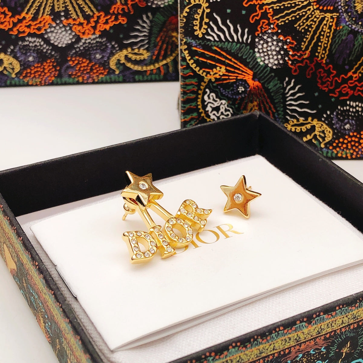 Star Motif Stud Earrings in Polished Metal-Tone with Crystal-Style Accents – Design 001 side detail