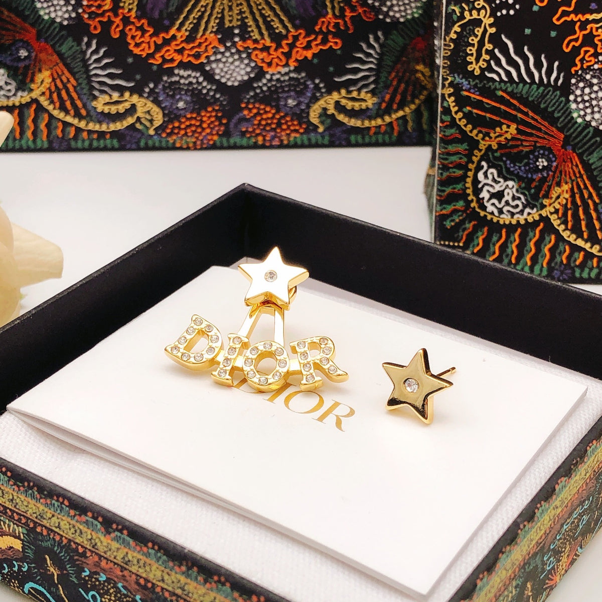 Star Motif Stud Earrings in Polished Metal-Tone with Crystal-Style Accents – Design 001 styled view