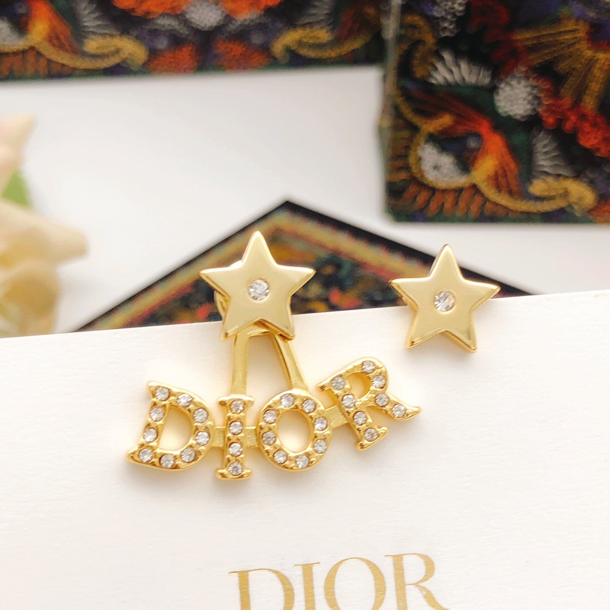 Star Motif Stud Earrings in Polished Metal-Tone with Crystal-Style Accents – Design 001 main product view