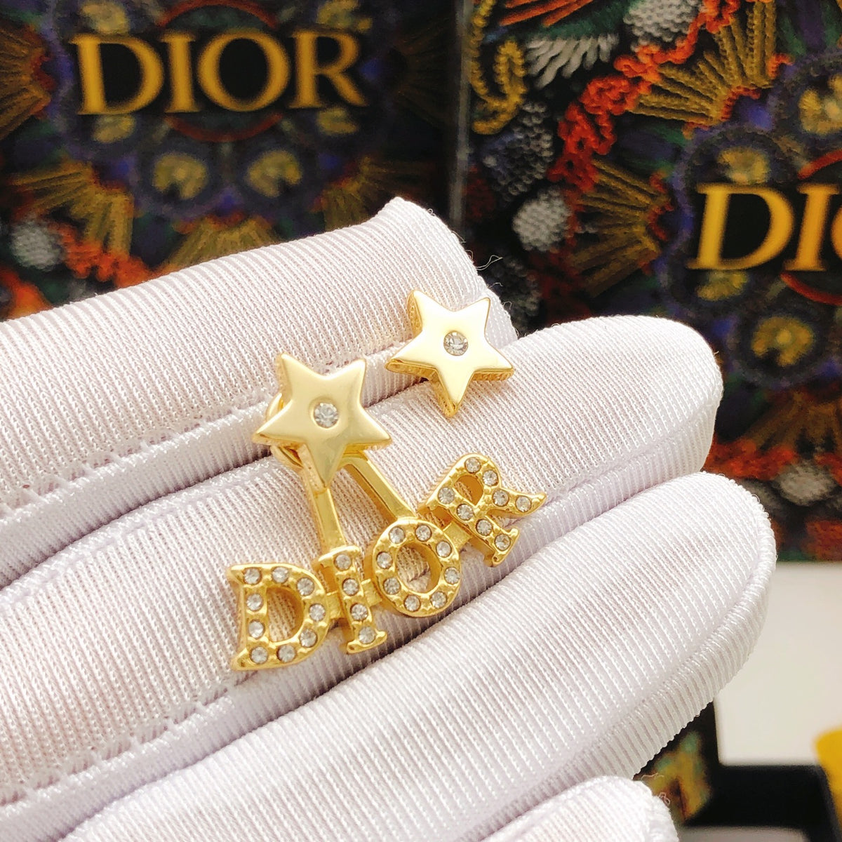 Star Motif Stud Earrings in Polished Metal-Tone with Crystal-Style Accents – Design 001 detail view