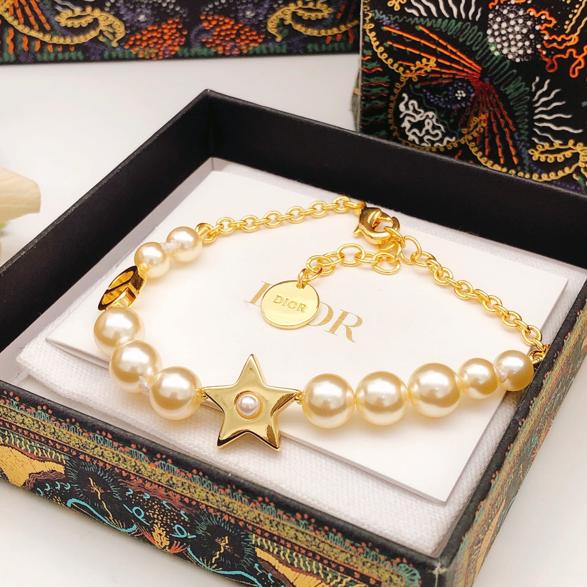 Pearl-Style Motif Statement Bracelet in Polished Metal-Tone with Pearl-Style Detail – Design 006 main product view