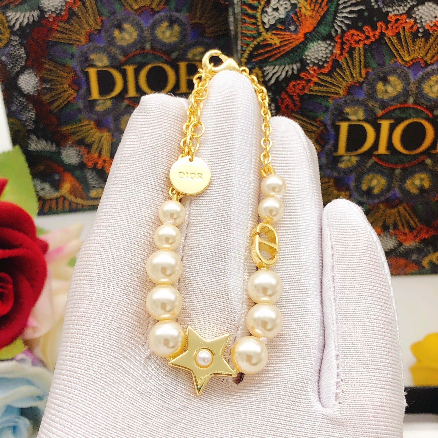 Pearl-Style Motif Statement Bracelet in Polished Metal-Tone with Pearl-Style Detail – Design 006 styled view