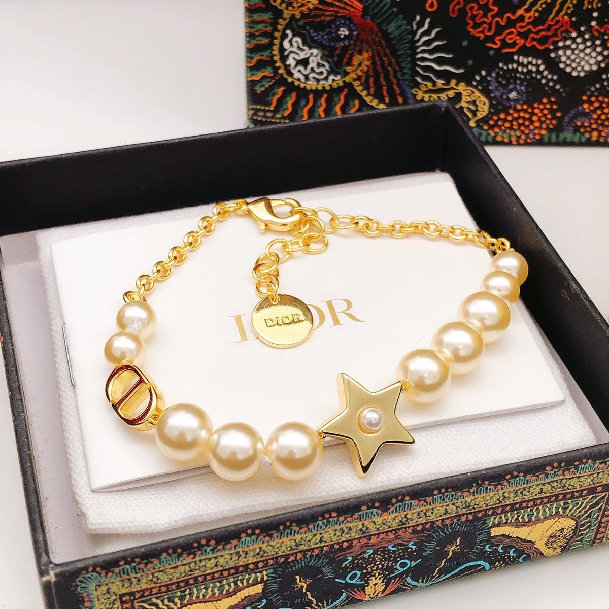 Pearl-Style Motif Statement Bracelet in Polished Metal-Tone with Pearl-Style Detail – Design 006 front view