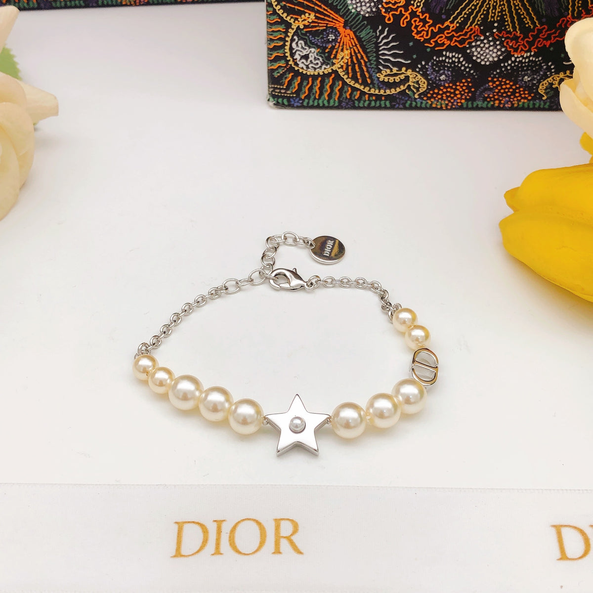 Pearl-Style Motif Statement Bracelet in Polished Metal-Tone with Pearl-Style Detail – Design 007 detail view