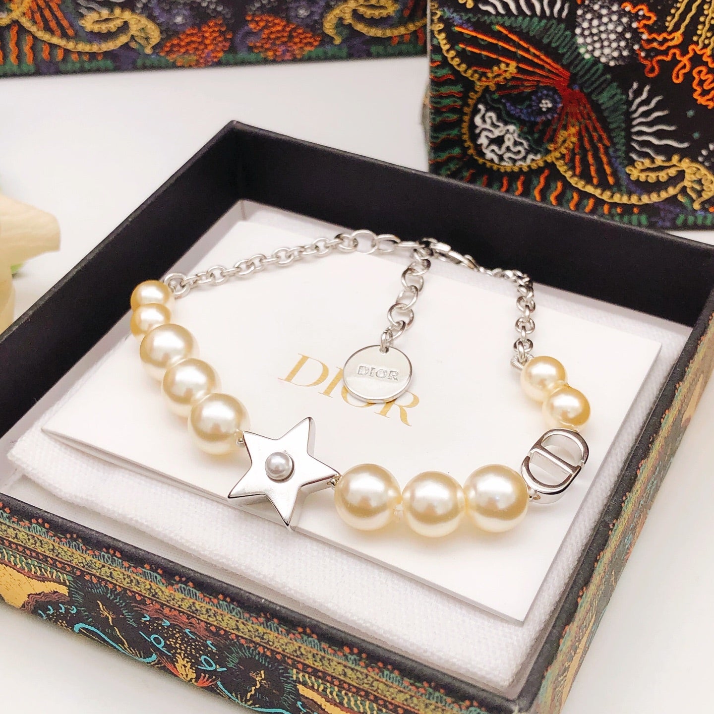 Pearl-Style Motif Statement Bracelet in Polished Metal-Tone with Pearl-Style Detail – Design 007 front view