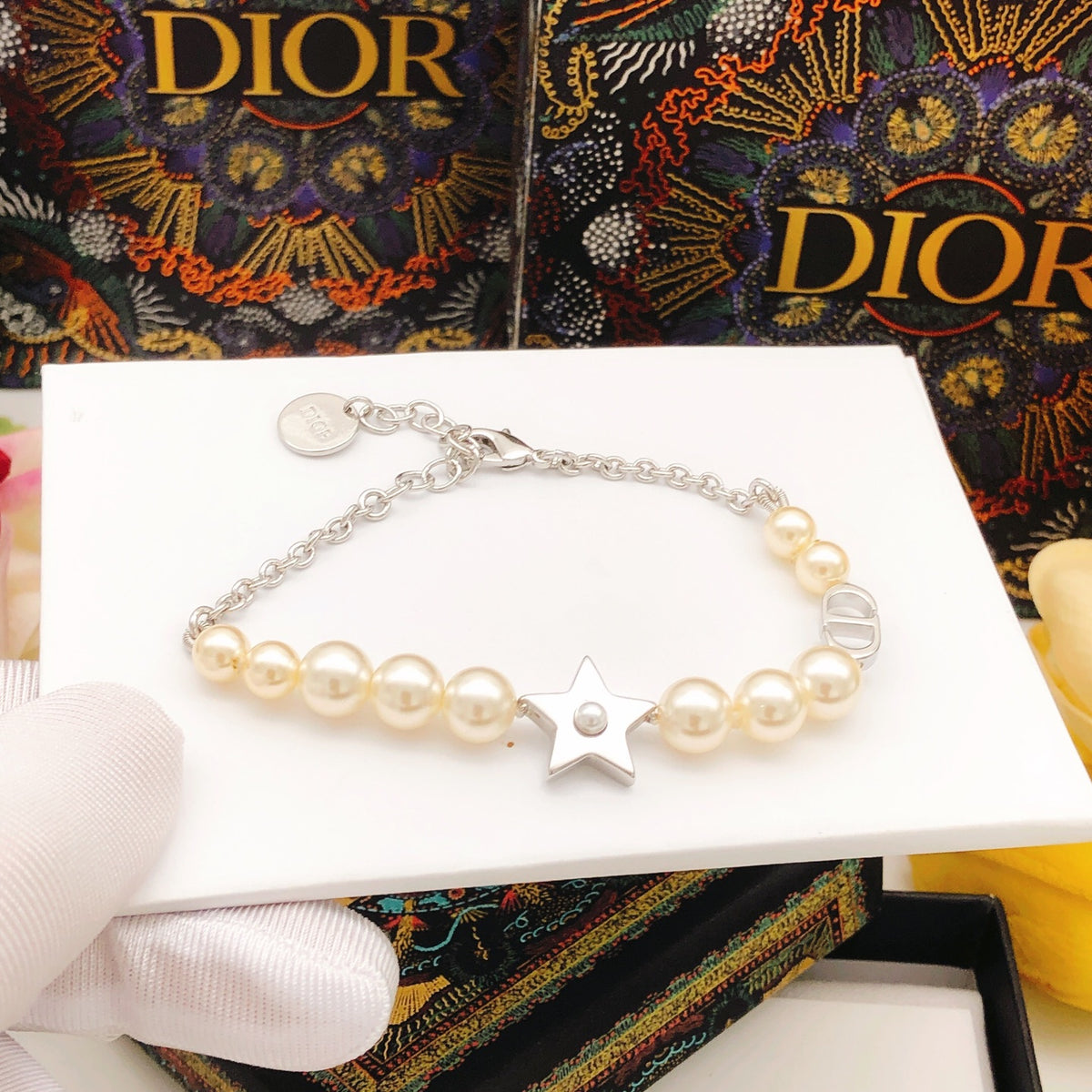 Pearl-Style Motif Statement Bracelet in Polished Metal-Tone with Pearl-Style Detail – Design 007 close-up detail