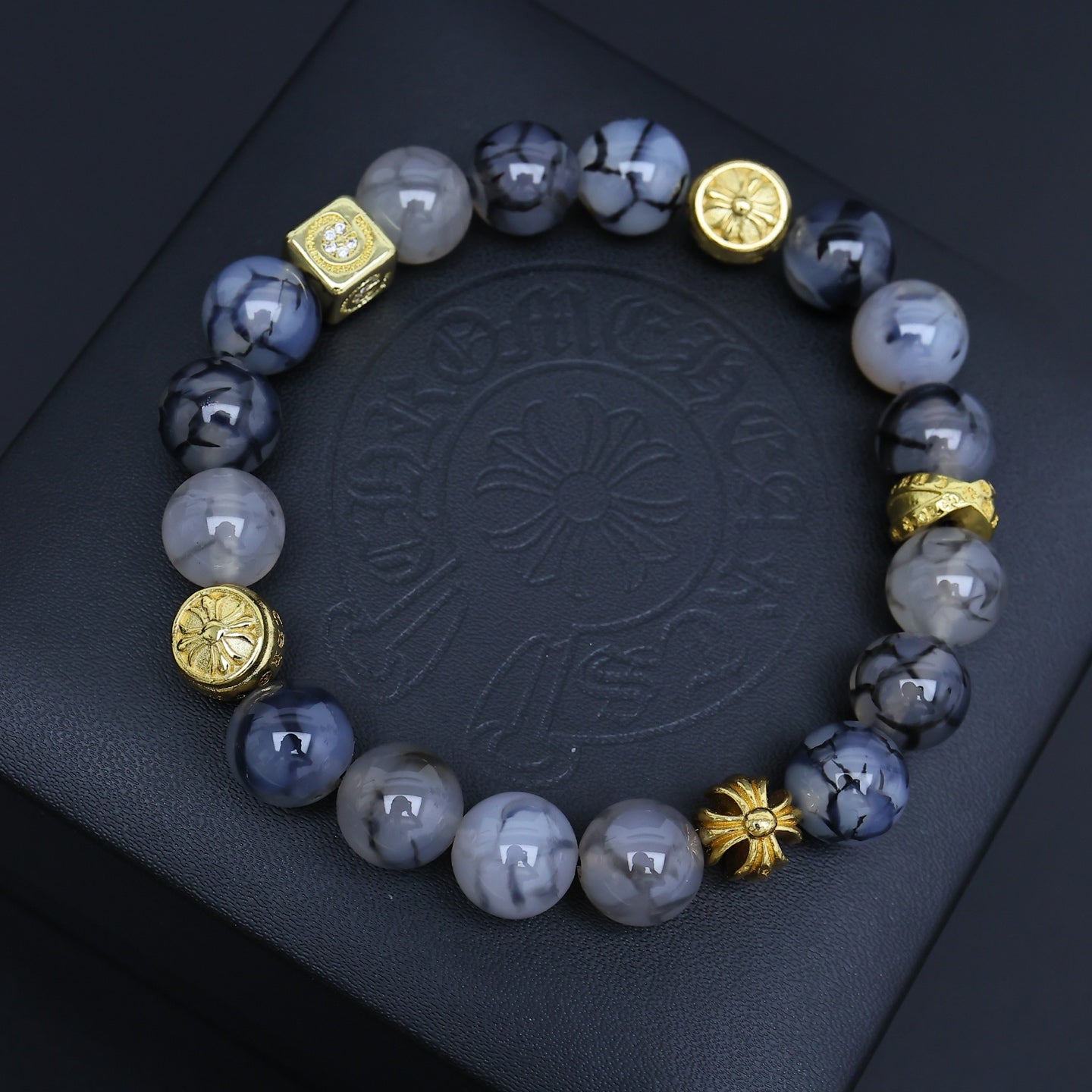 Gothic Emblem Beaded Bracelet in Antique Silver-Tone – Design 18 side detail