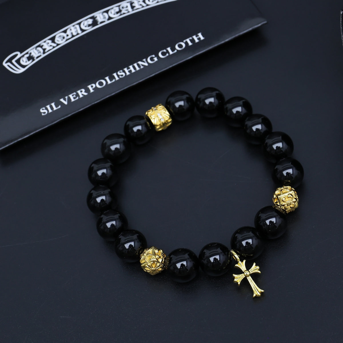 Gothic Emblem Beaded Bracelet in Antique Silver-Tone – Design 16 detail view