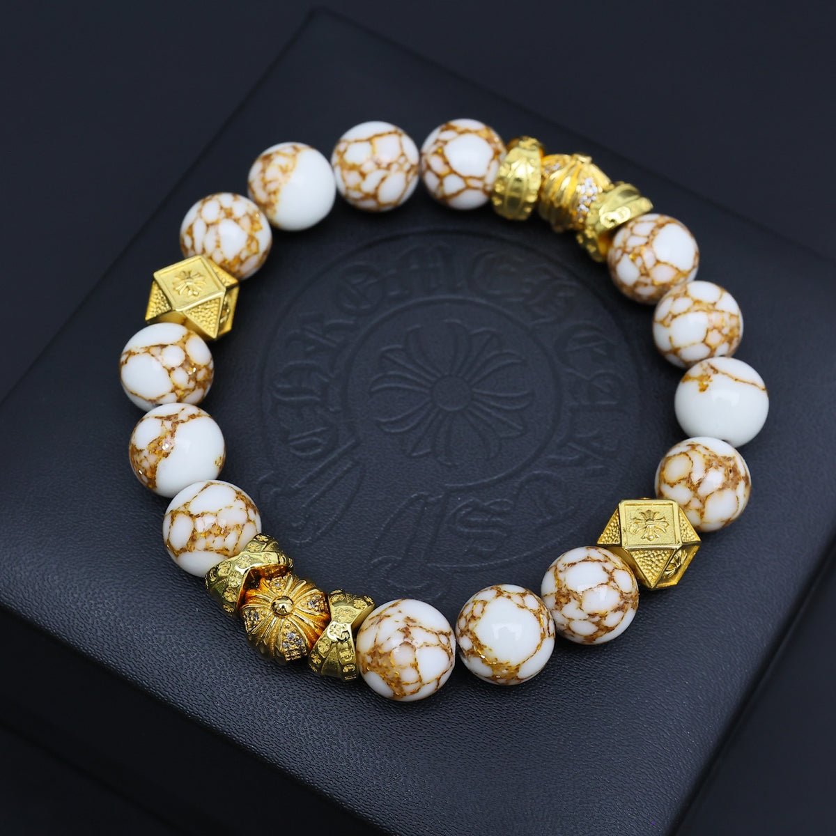 Gothic Emblem Beaded Bracelet in Antique Silver-Tone – Design 14 front product view