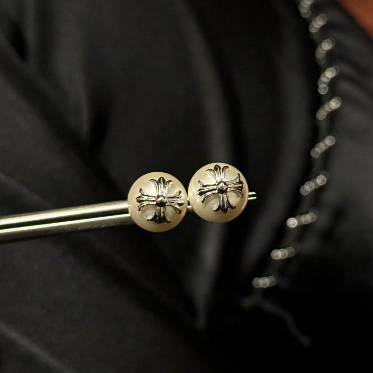 Cross Stud Earrings in Antique Silver-Tone – Design 02 close-up detail