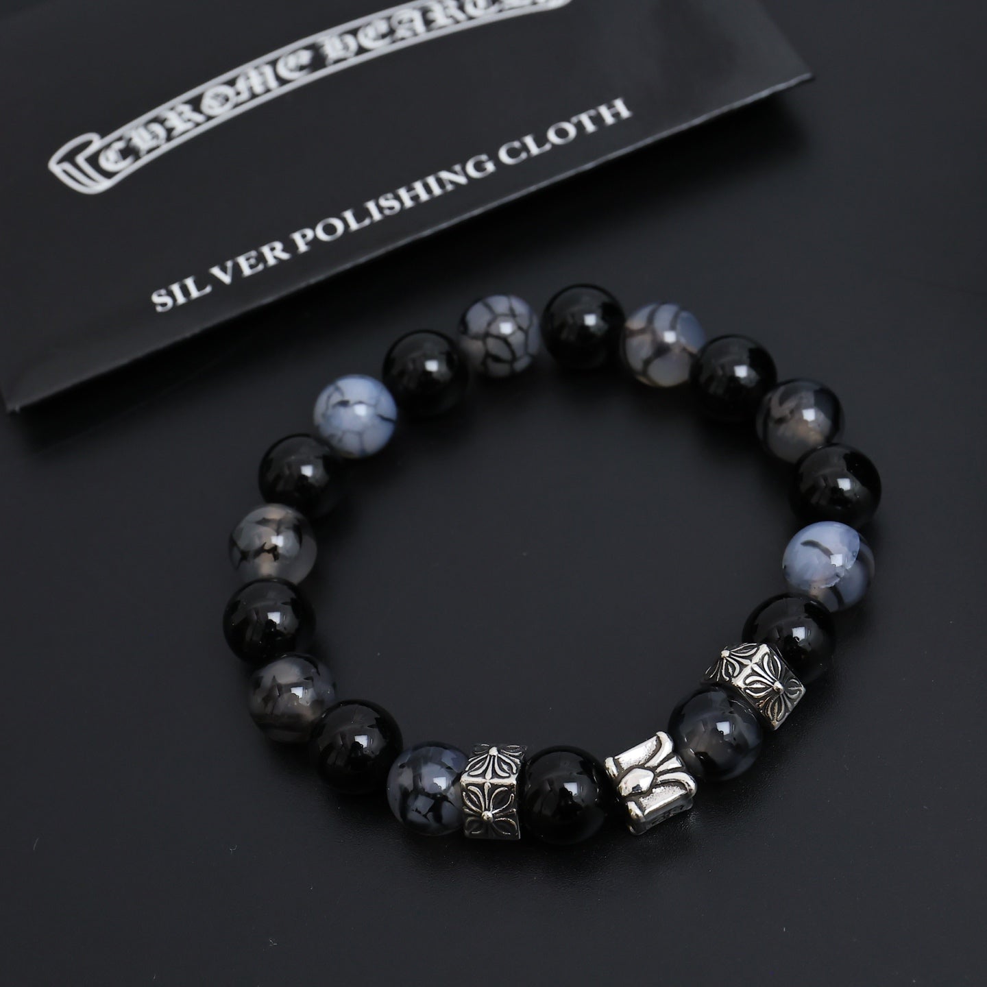 Gothic Emblem Beaded Bracelet in Antique Silver-Tone – Design 12 detail view