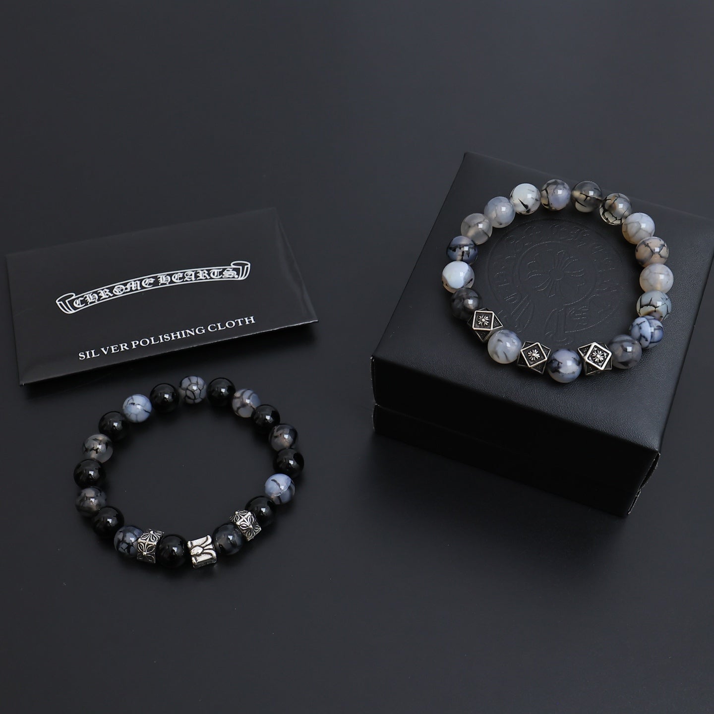 Gothic Emblem Beaded Bracelet in Antique Silver-Tone – Design 12 main product view