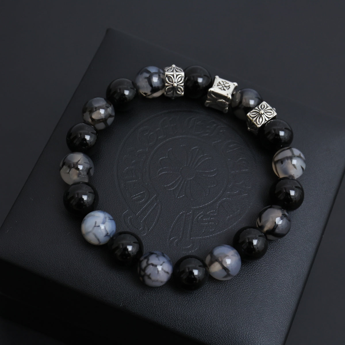 Gothic Emblem Beaded Bracelet in Antique Silver-Tone – Design 12 side detail