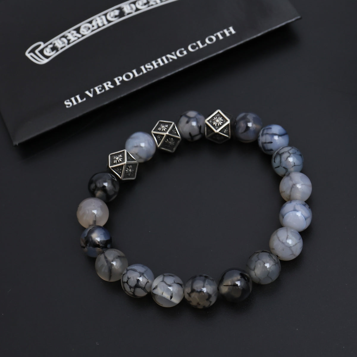 Gothic Emblem Beaded Bracelet in Antique Silver-Tone – Design 12 close-up detail