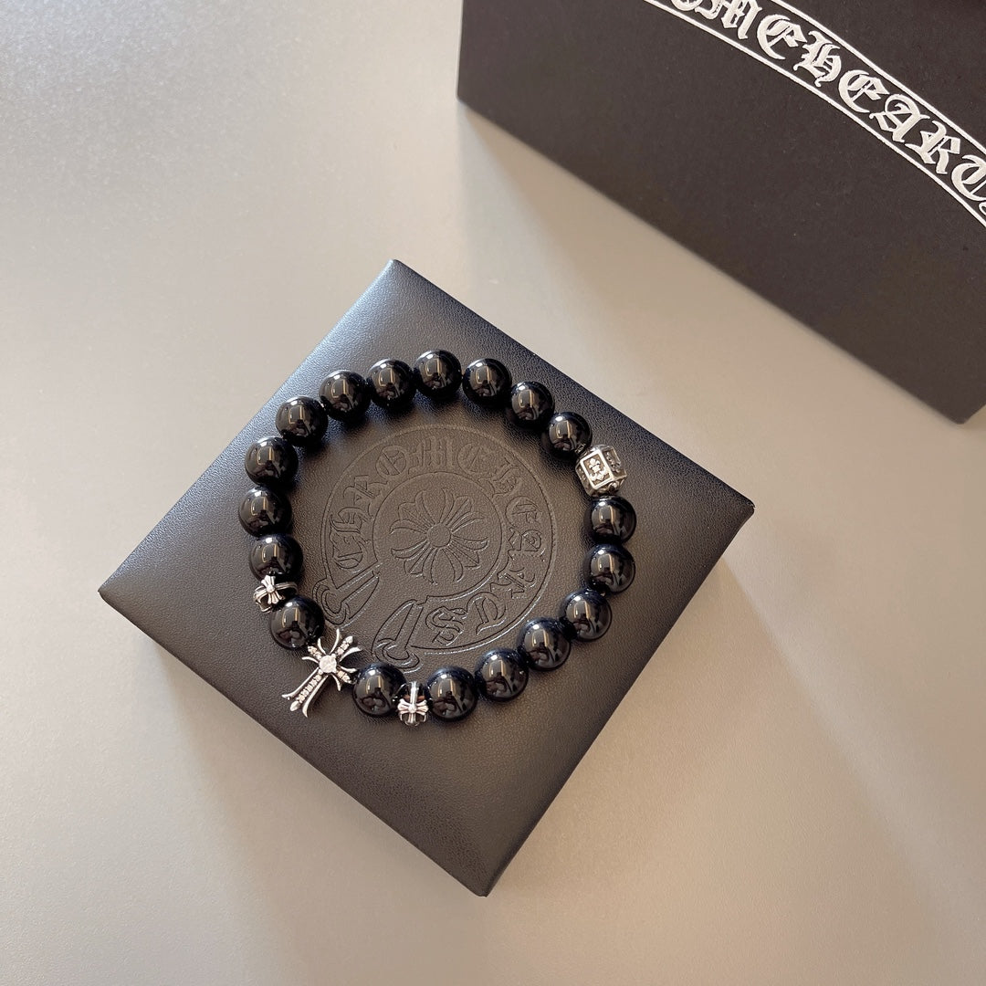 Gothic Emblem Beaded Bracelet in Antique Silver-Tone – Design 39 front product view