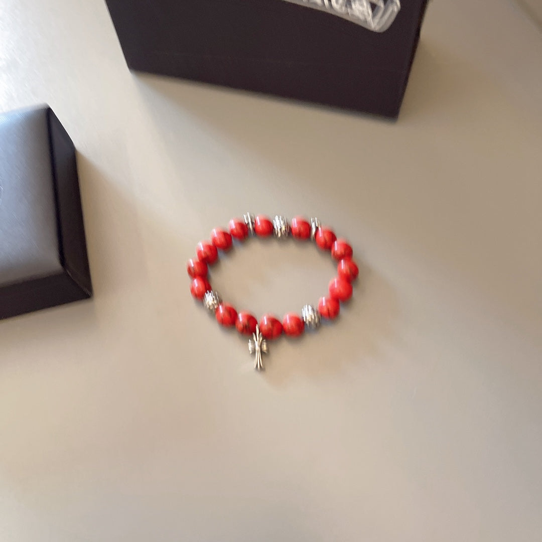 Gothic Emblem Beaded Bracelet in Antique Silver-Tone – Design 40 front product view