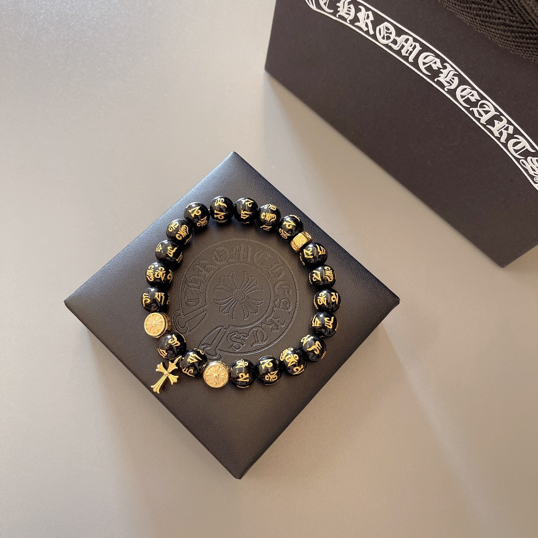Gothic Emblem Beaded Bracelet in Antique Silver-Tone – Design 44 main product view