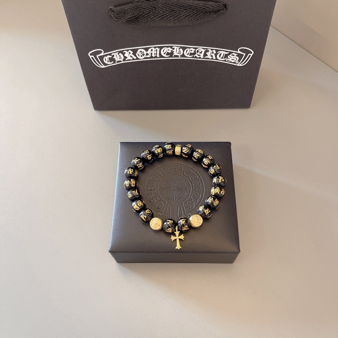 Gothic Emblem Beaded Bracelet in Antique Silver-Tone – Design 44 front product view