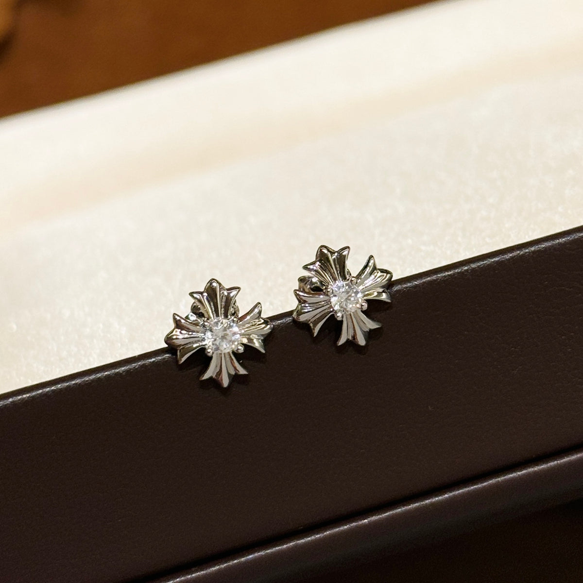 Cross Stud Earrings in Antique Silver-Tone – Design 03 main product view