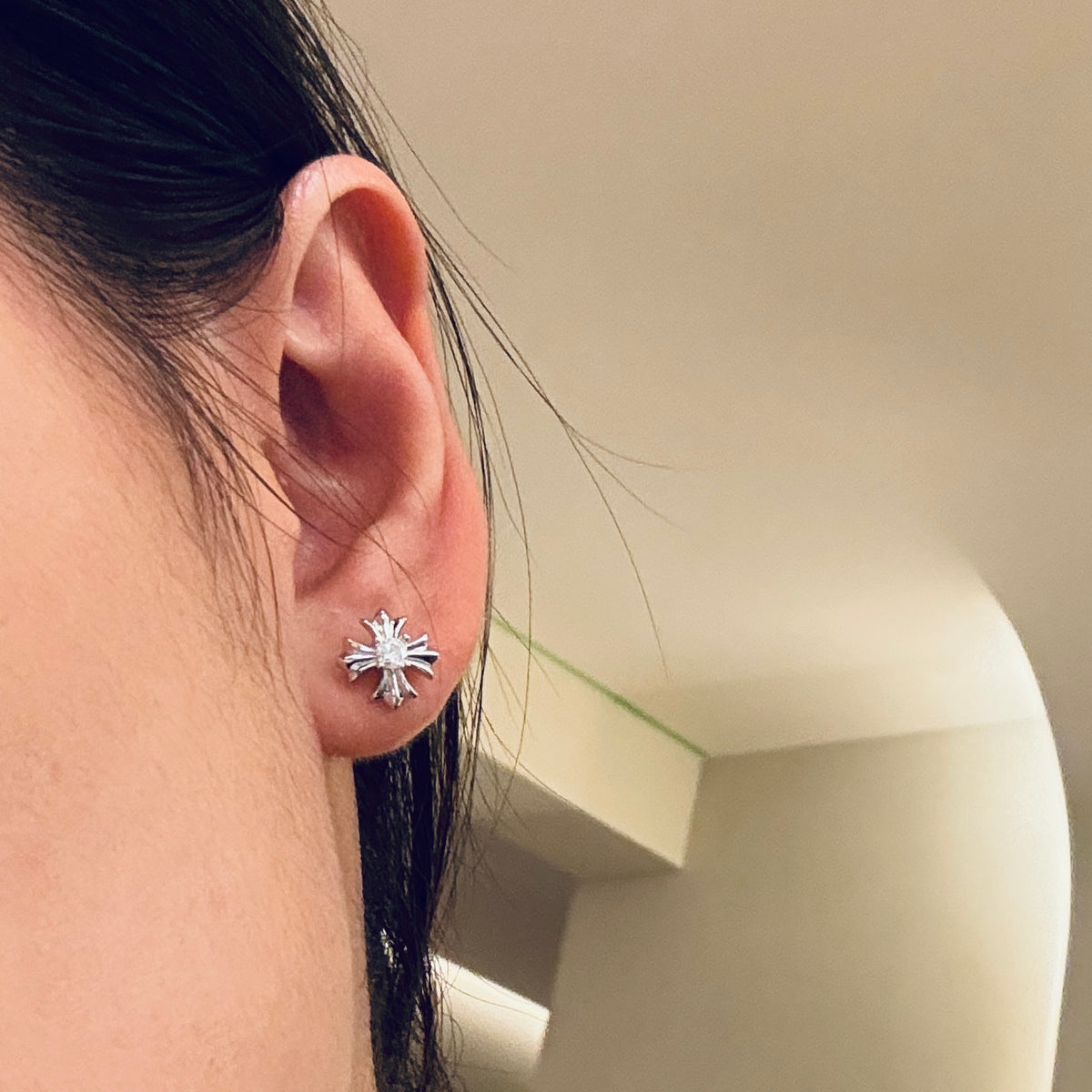 Cross Stud Earrings in Antique Silver-Tone – Design 03 detail view