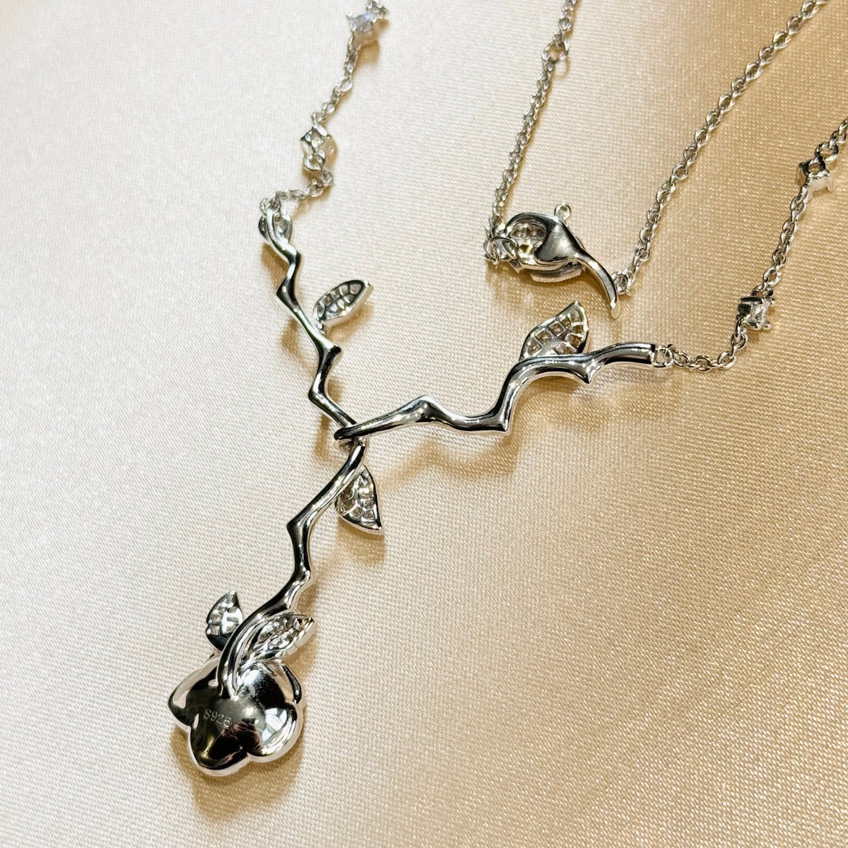 Floral Motif Pendant Necklace in Silver-Tone front view