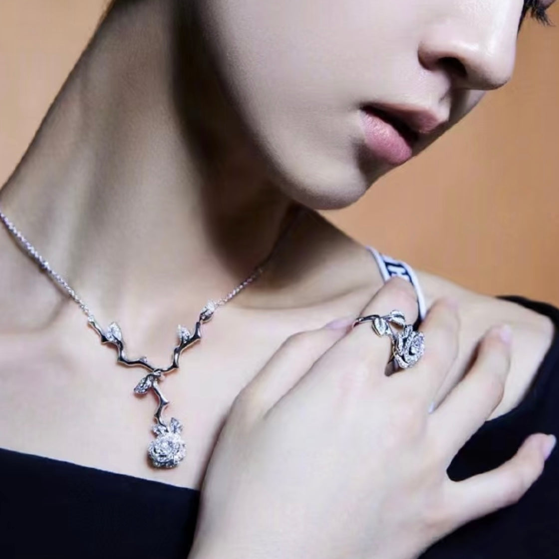 Floral Motif Pendant Necklace in Silver-Tone main product view