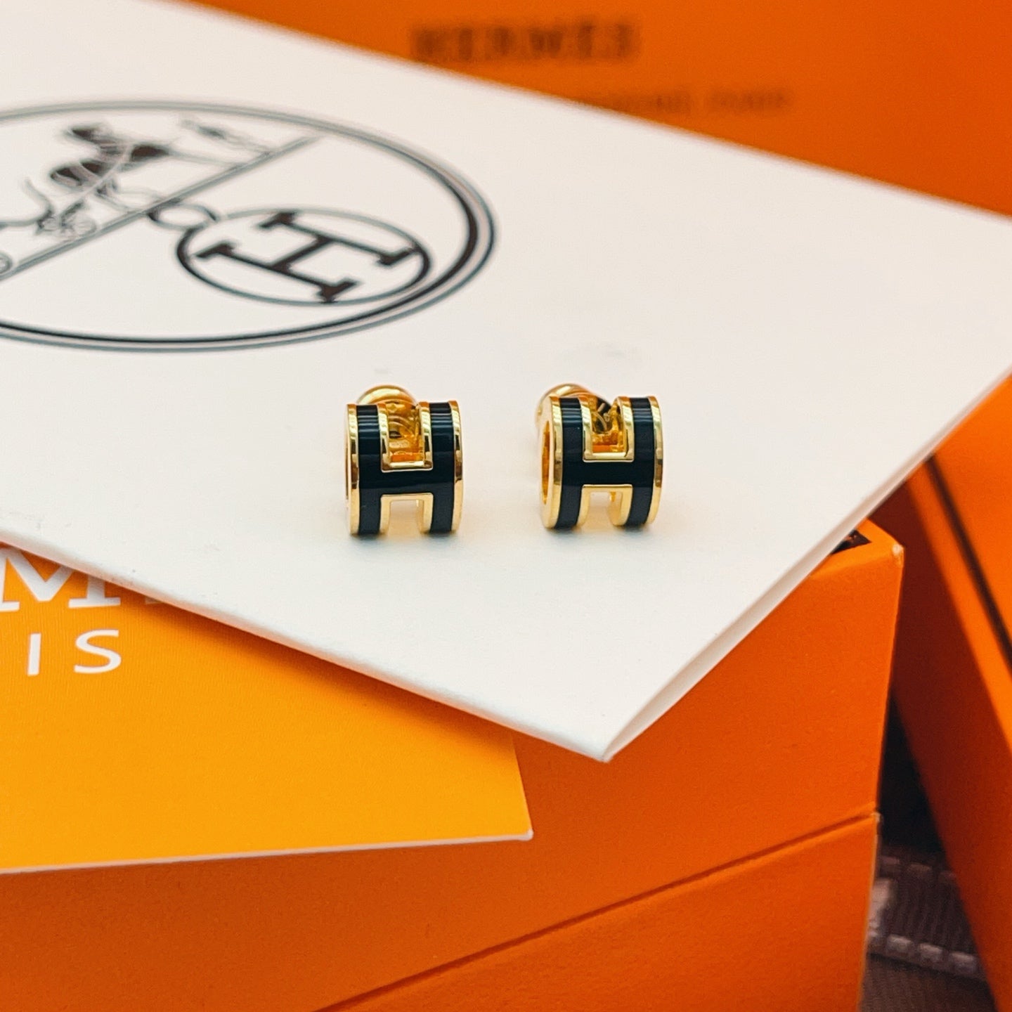 Geometric Emblem Stud Earrings in Gold-Tone – Gold Detail – Design 002 front product view