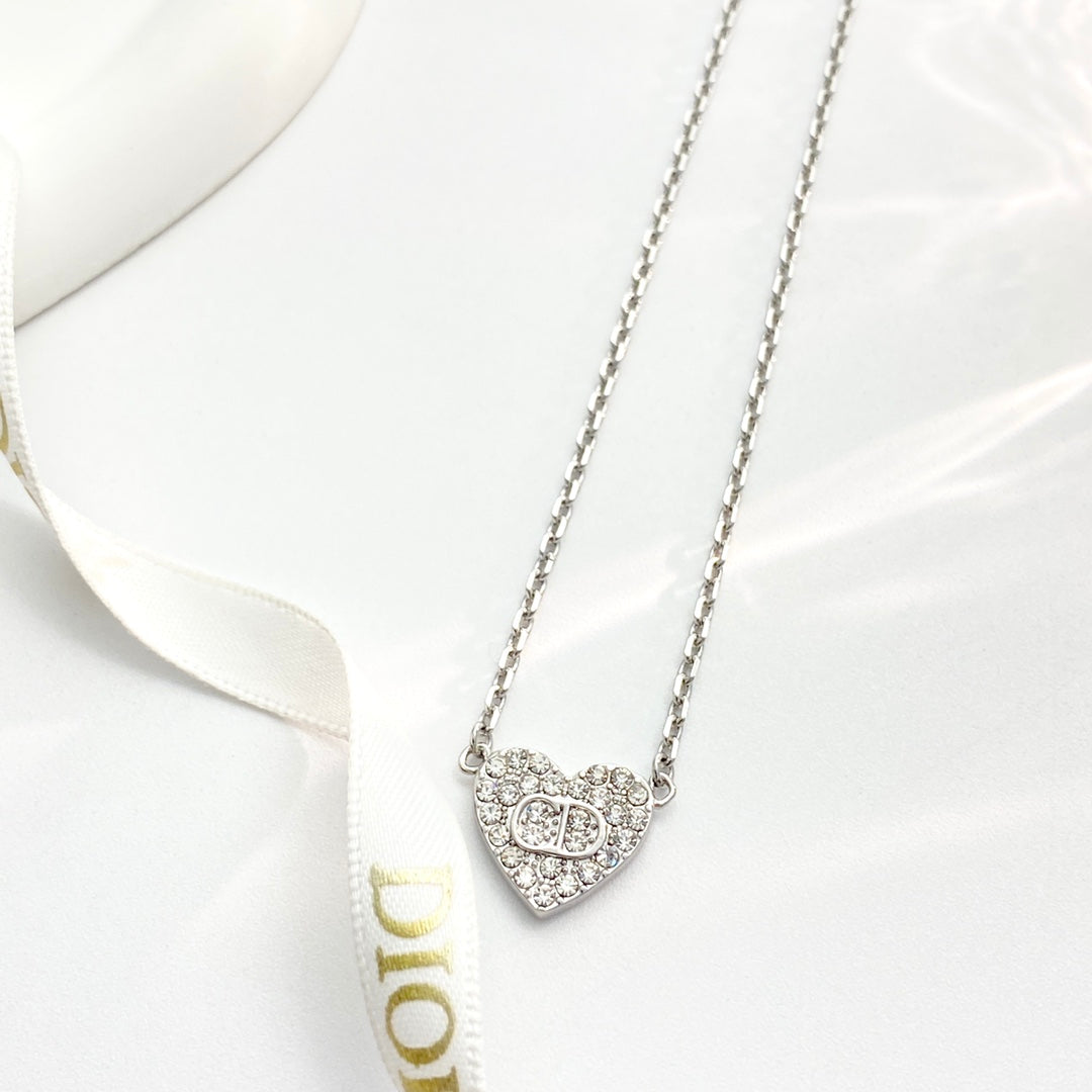 Heart Motif Pendant Necklace in Silver-Tone with Crystal-Style Accents – Design 001 detail view